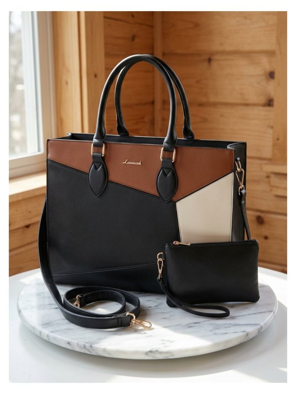 LOVEVOOK Waterproof PU Leather Laptop Tote Bag Fits 15.6 Inch